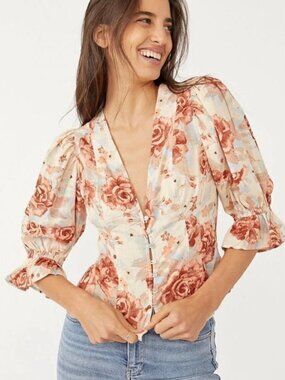 Free People I Found You Top Floral V-Neck Button Front Blouse in Cream and Rust